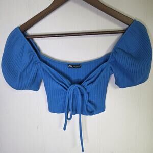 Cottagecore Renaissance Zara Bright Blue Puff Sleeve Crop Top Size Medium